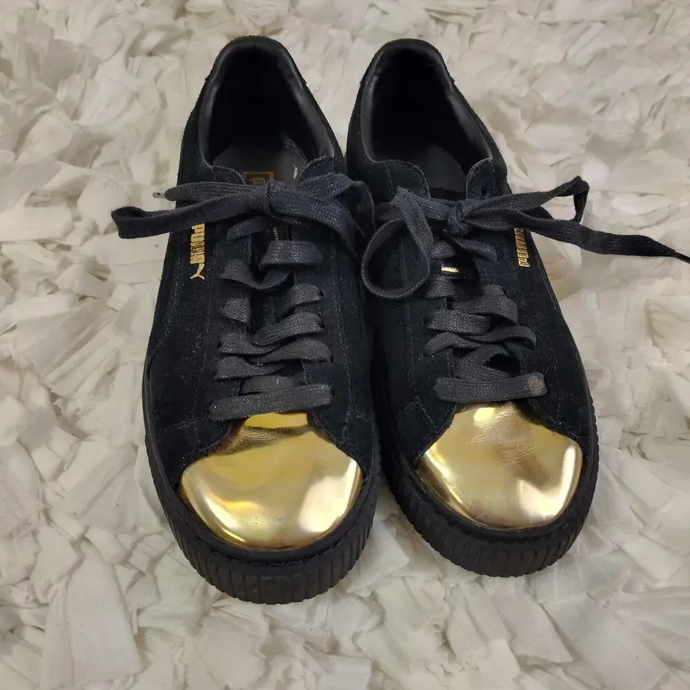 Puma Basket Low Top Shoes Womens Size 8.5 Black Suede Gold Metallic Toe Cap